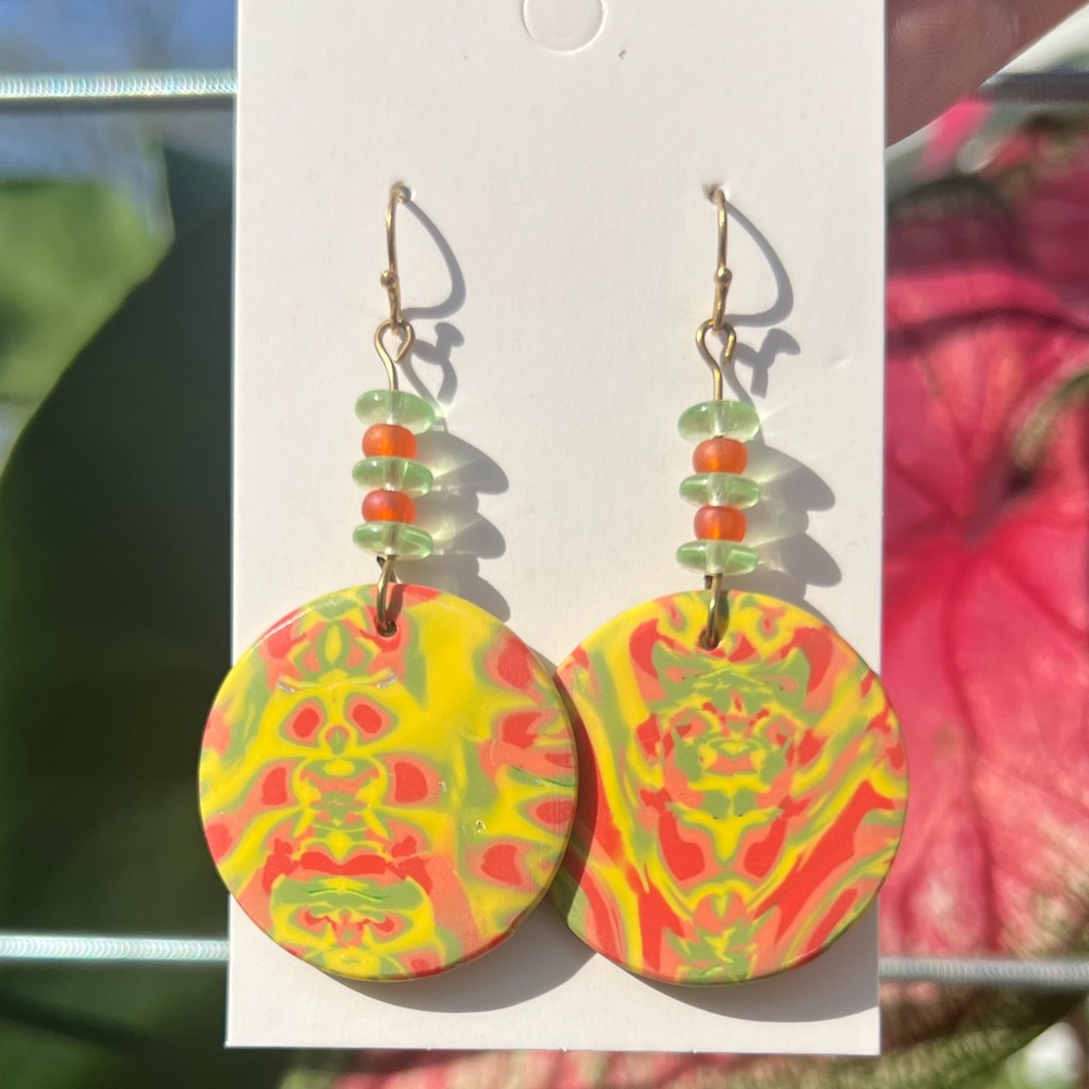 Handmade Polymer Clay Earrings with Beads Green Orange Coral Pink